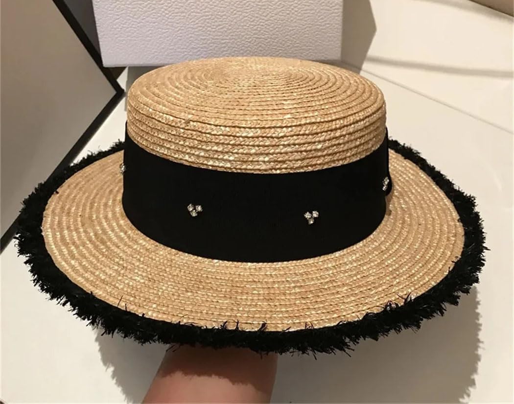 Women's French Straw Hat Elegant Flat Top Summer Beach Hat UV Protection Outdoor Vacation