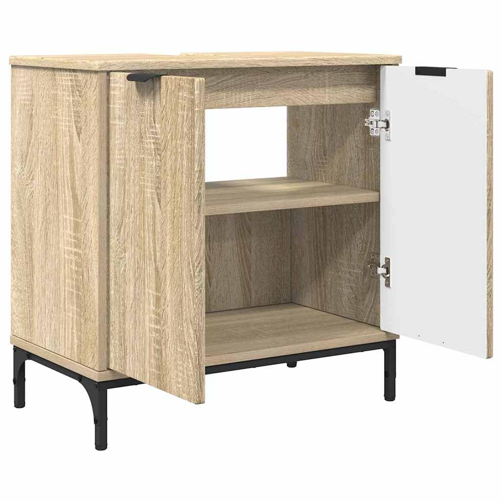 Juego de muebles de baño de 2 piezas de madera de roble Sonoma contrachapada de metal con armario bajo y armario alto, capacidad de carga de 120 kg, espacio de almacenamiento con cajón y