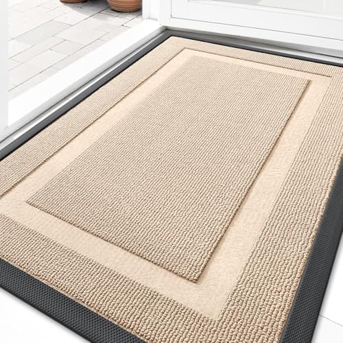 Image of OLANLY Front Door Mat Indoor Outdoor Entrance, Waterproof All-Season, All-Weather Doormat, Sturdy Natural Rubber, Low Profile, Easy Clean Patio Porch Entryway Mat, 35x23, Off-White