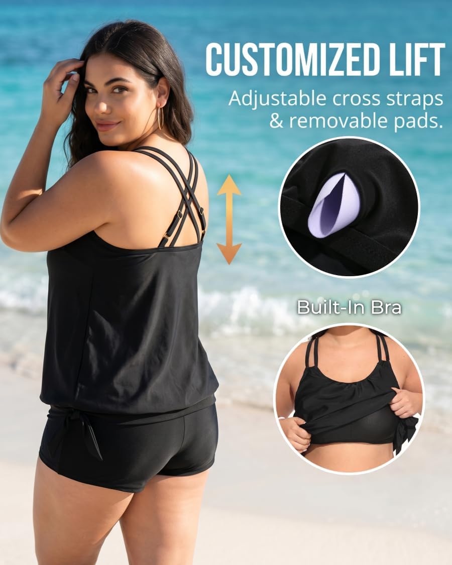 Holipick Women Plus Size 2 Piece Tankini Swimsuit Tummy Control Blouson Bathing Suits Thin Strap Tank Top with Boy Shorts