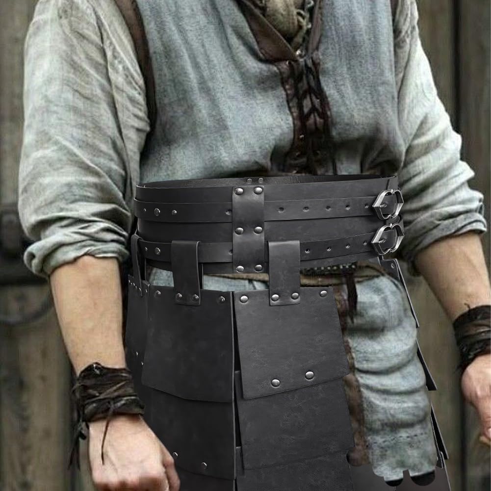 Medieval PU Leather Waist Armor Viking Skirt with Wide Buckle Belt Retro Double-Sided Thigh Armor Mercenary Knights Skirt for LARP Cosplay Costume Make-up Party (Black)