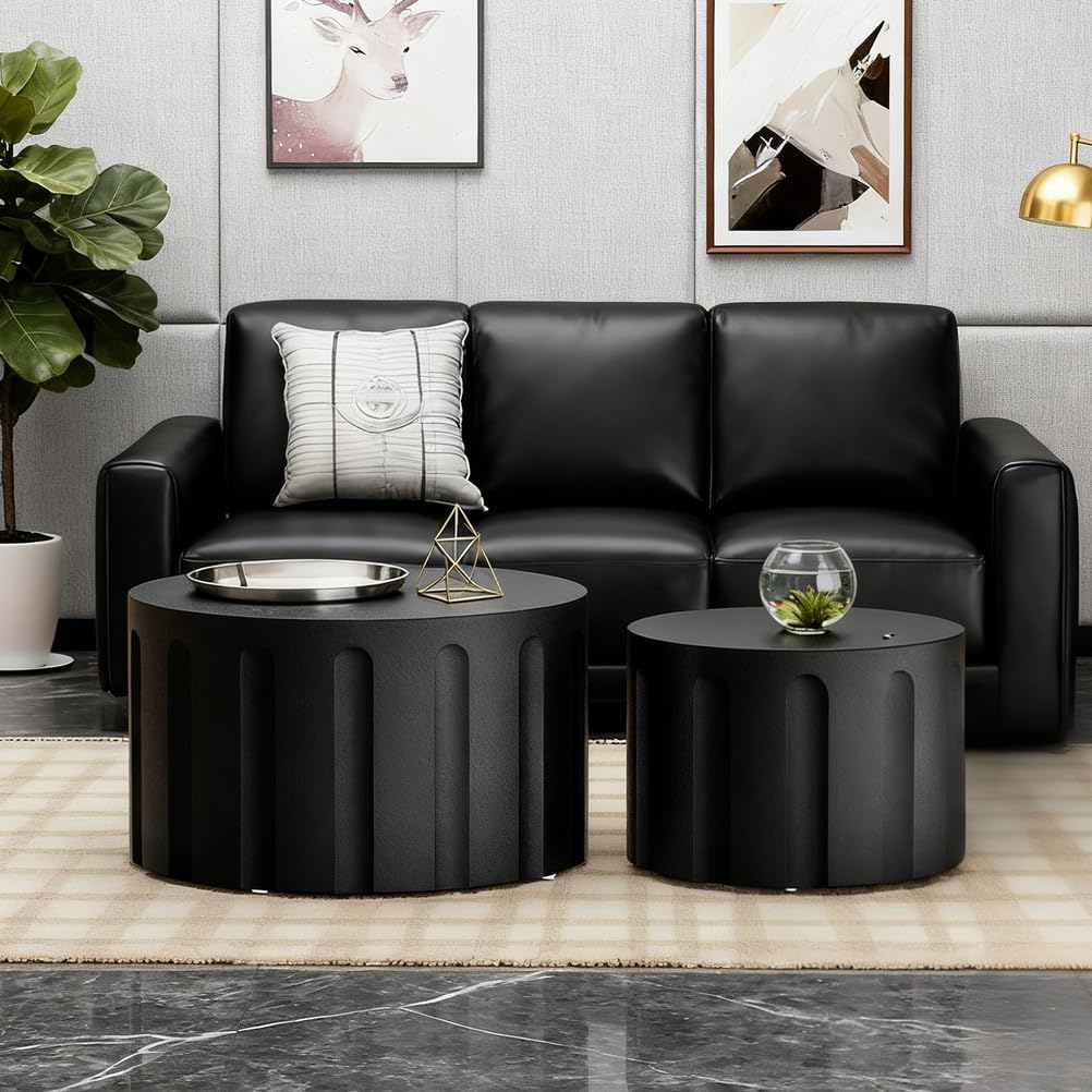 Round Nesting Coffee Table Set of 2 for Living Room, Modern Fluted Coffee Tables and End Table Sets Drum Circle Side Tables for Small Spaces Bedroom Balcony Office No Assembly Required,Black