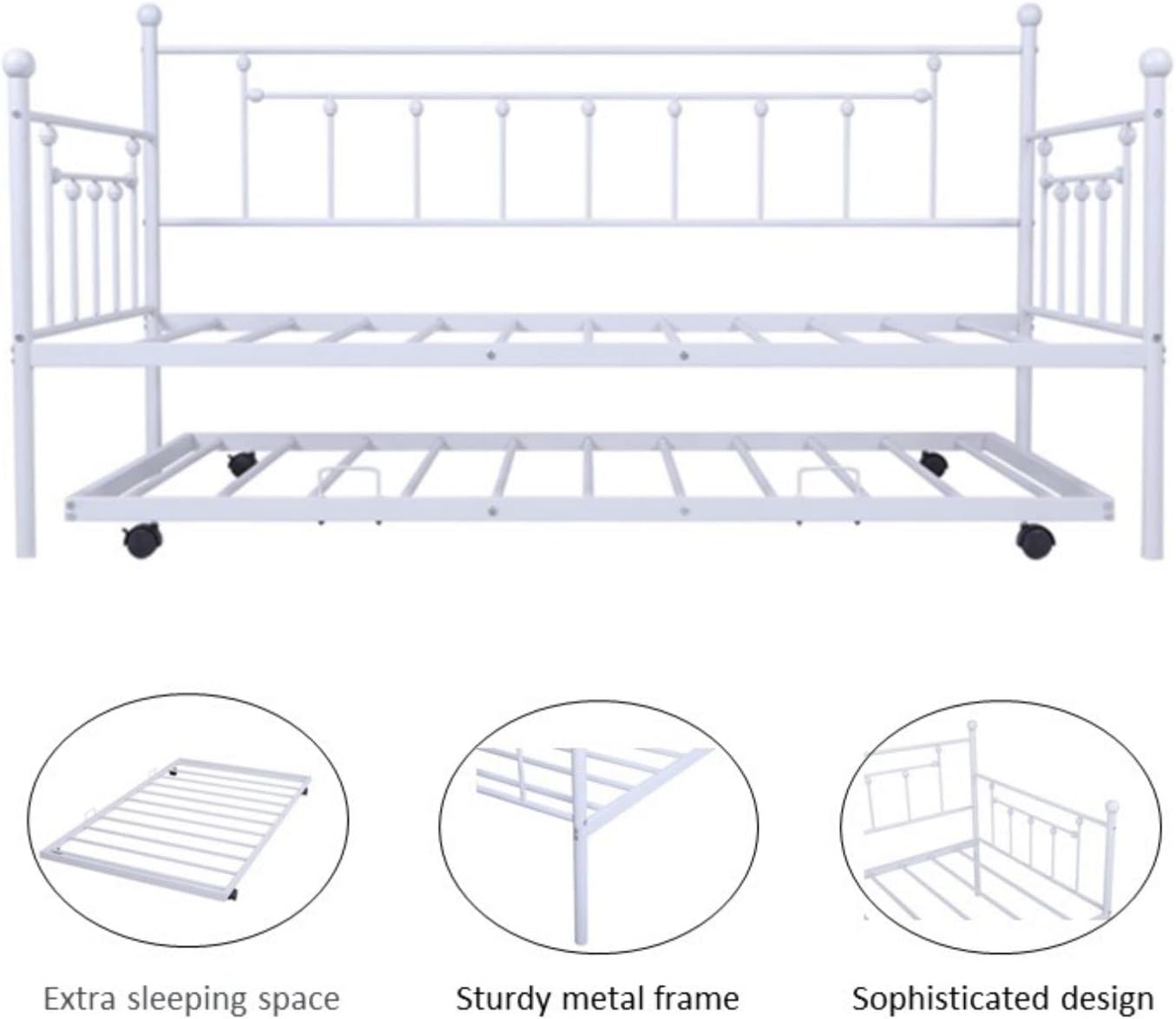 Twin Size Daybed and Trundle Frame Set, Metal Frame with Pull Out Trundle for Teens and Adults, for Living Room, Guest Room (Light Grey)