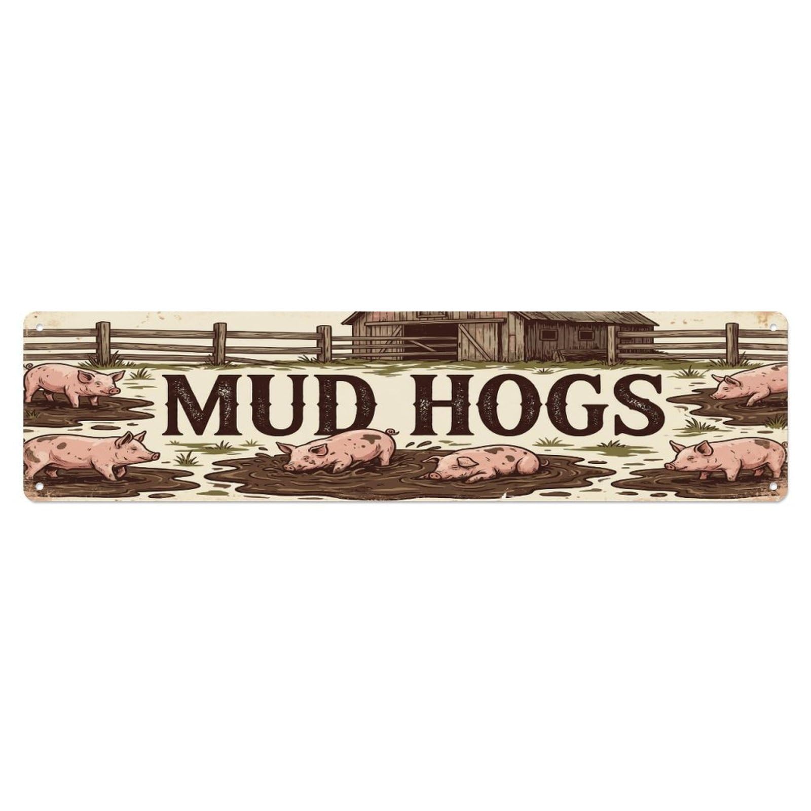 Olhnbad 4X16inch(10X40cm) Vintage Pen Mud Pig Farmhouse Funny Pig Backyard Farm Metal Tin Sign