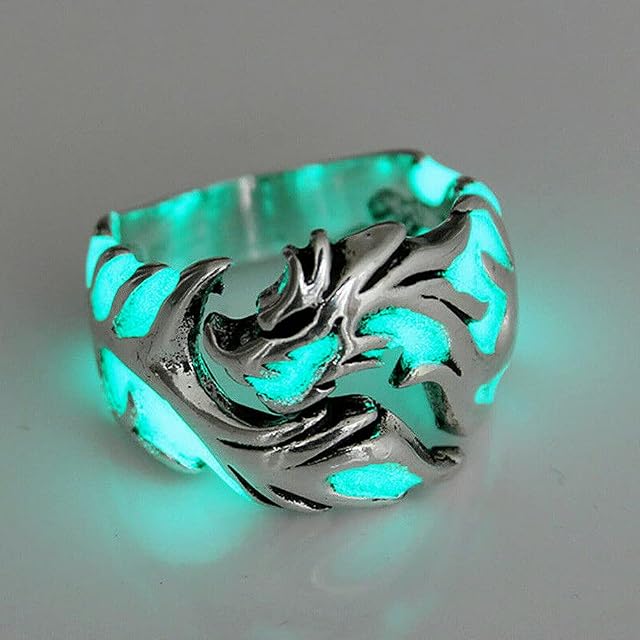 ausuky Cool Adjustable Mens Glow In The Dark Punk Vintage Luminous Dragon Ring Jewelry (Silver+Blue Green)