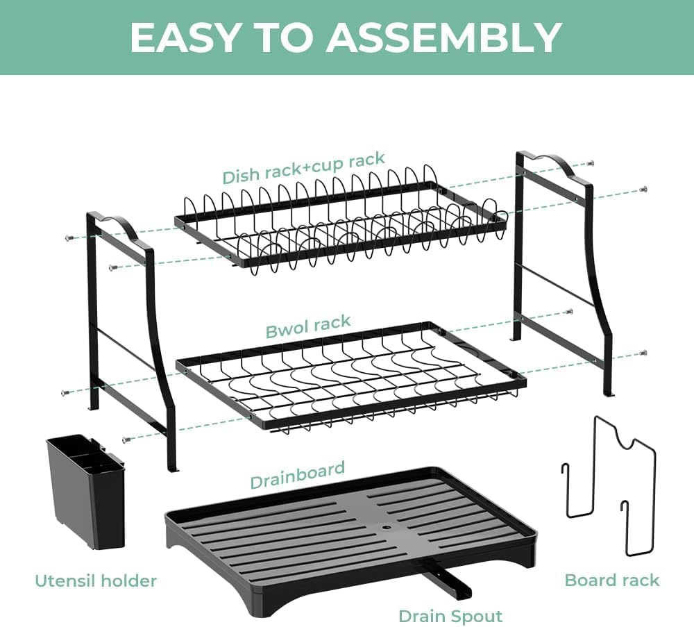 Dish Drying Rack, Dish Rack 2 Tiers for Kitchen Counter, Space-Saving Large Dish Rack with Drain Kitchen Organizer and Storage Rack with Drainboard, Stable Screw-Type (Black)