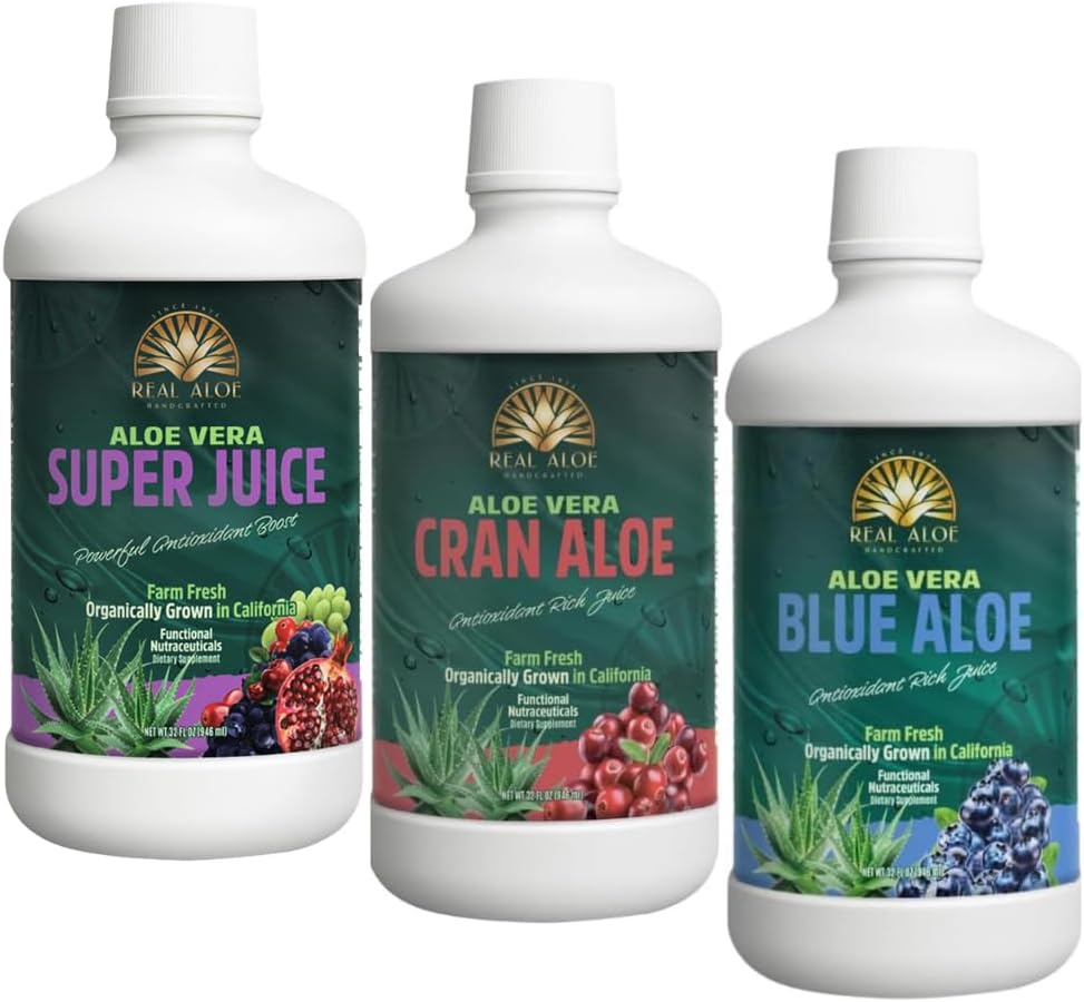 Real Aloe Aloe Vera Super Juice, Cran Aloe and Blue Aloe Juice Bundle- Organic California-Grown Aloe Vera | Aloin-Free Inner Leaf | Hydration