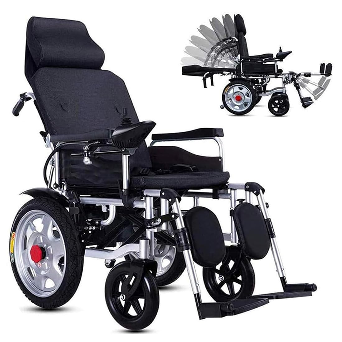 Fauteuil roulant électrique avec appuie-tête, fauteuil roulant électrique pliable, dossier réglable et angle de pédale, capacité de poids 120 kg, idéal pour les adultes