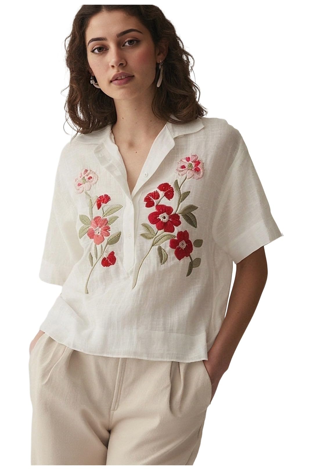 anni designer Women Cream Cotton Embroidered Tops | Floral Thread Work Short Sleeve Shirt | Casual Summer Wear for Office & Daily Use-picture-41