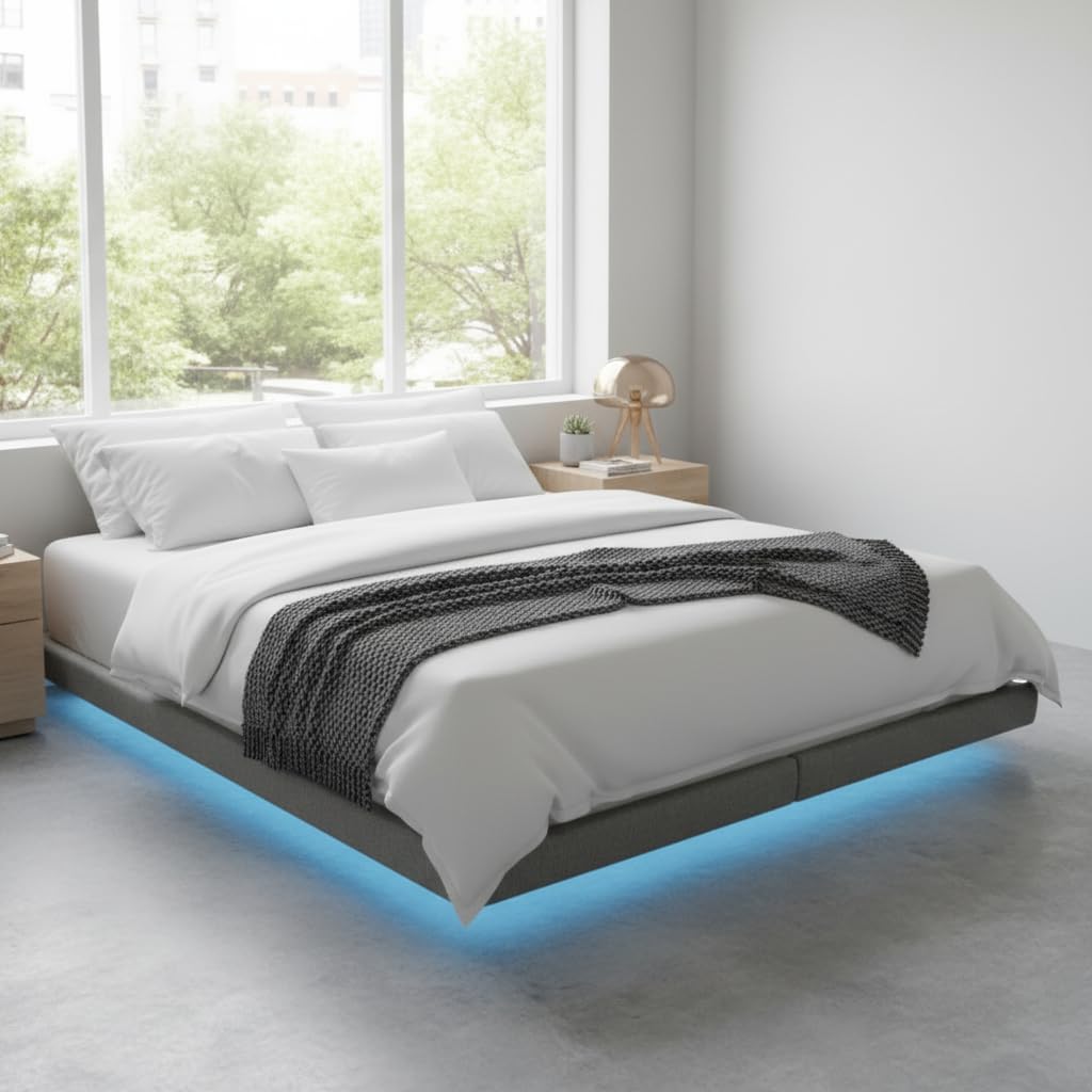 aprodz cowen floating queen size bed frame with led lights metal slats underbed storage space no box spring
