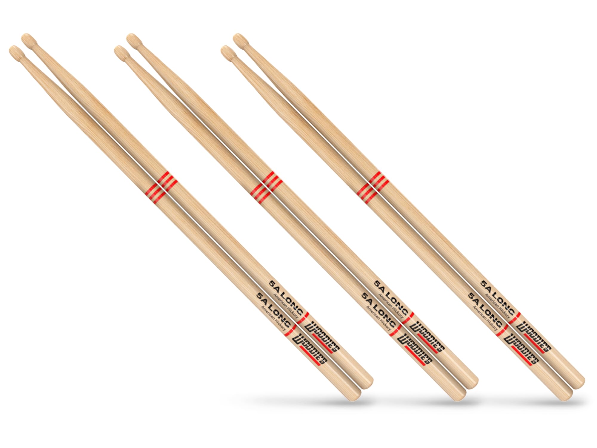Woodies 5A lange Drumsticks Barrel Tip - American Hickory Wood Drum Sticks für Drummers, Gewicht abgestimmt, Roll Tested, Langlebig - 3 Pack Bundle