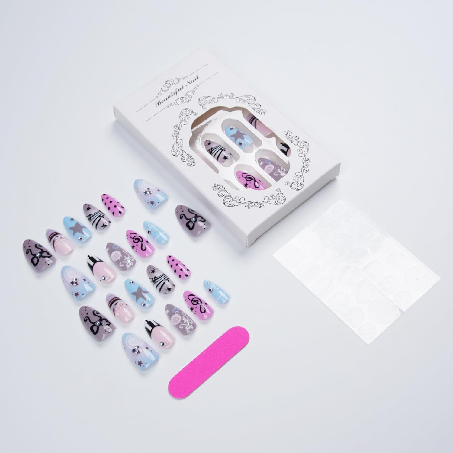 Cute Y2K Press on Nails Medium Almond, Pastel Pink Blue False Nails 30Pcs