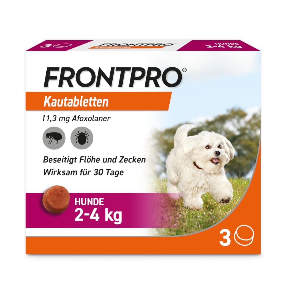 FRONTPRO Kautabletten für Hunde 2-4kg Viererpackung gegen Zecken und Flöhe mit Zeckenzange: Schutz für 30 Tage