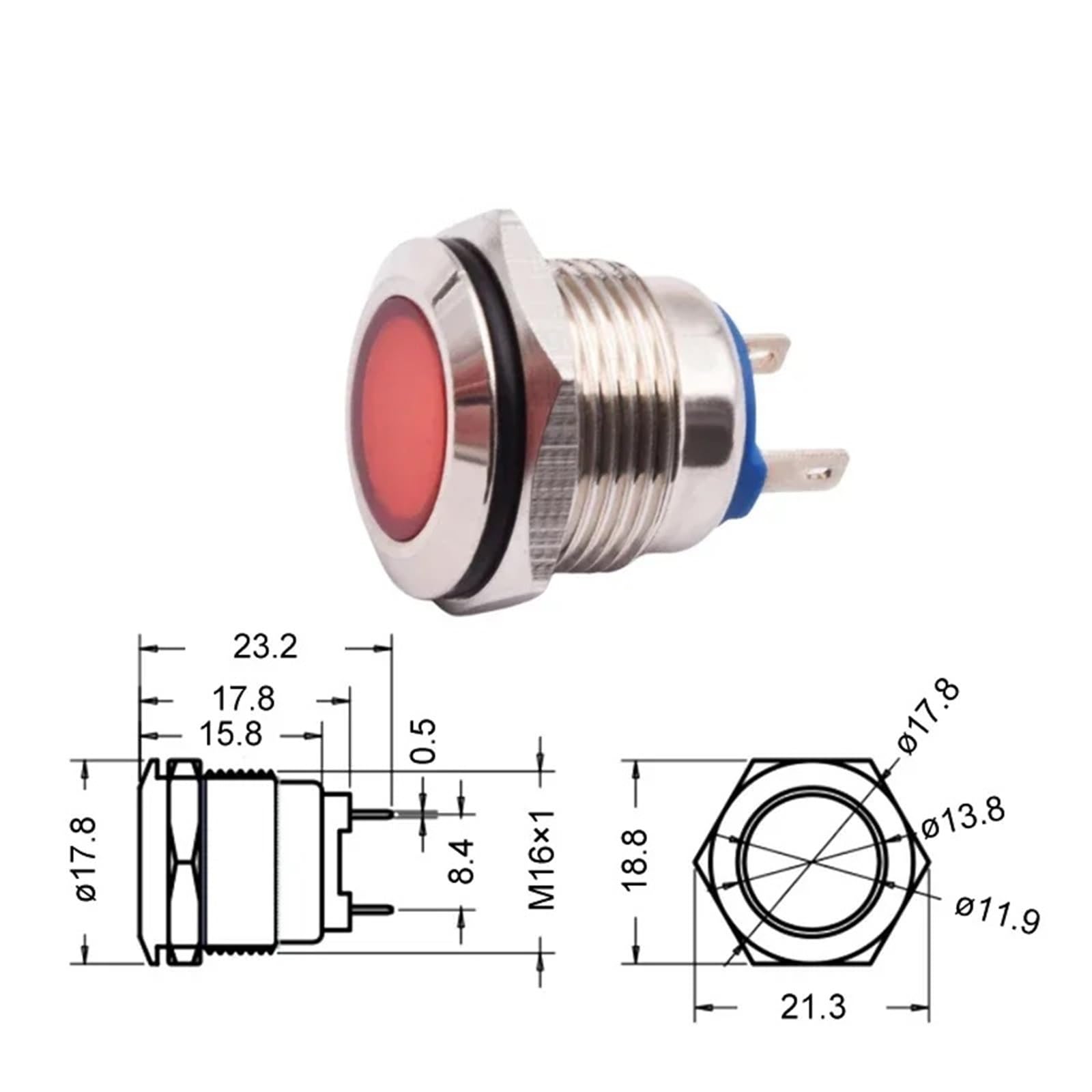 Luz indicadora de LED de Metal de 16mm lámpara indicadora montada en Panel lámpara de señal 12V 24V 220V LED rojo verde azul 1 Uds(Other voltage Red)