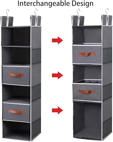 Miniatura 4 de Posprica Organizador de armario colgante intercambiable de 6 niveles con 2 cajones, almacenamiento de tela plegable de doble cara con ganchos de