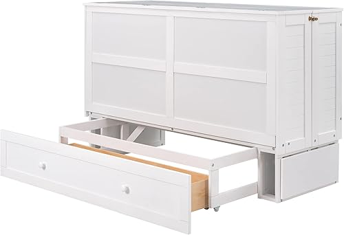 Miniatura 8 de Cama móvil Murphy única de tamaño Queen con cajón, cama de almacenamiento de madera con estantes pequeños en cada lado, para apartamentos pequeños,