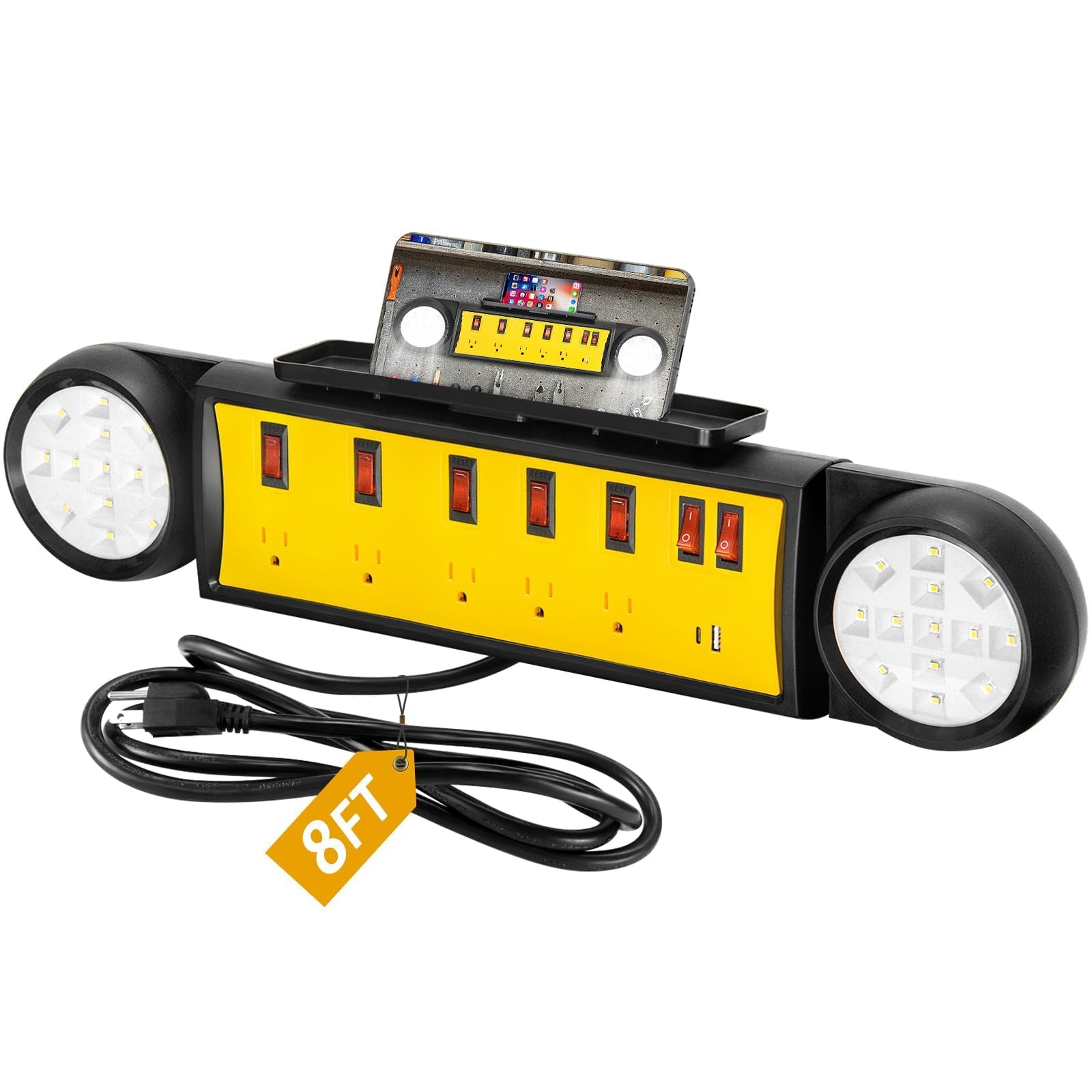 Power Strip for Garage with Lights,8ft Cord Workbench Power Station with Individual Switches & Rotating LED Lights, 1320J Surge Protection, Phone Holder | Ideal for Garage Workbench, Home & Office