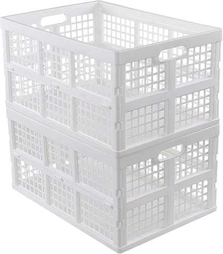 Miniatura 7 de Paquete de 2 cajas de almacenamiento plegables de plástico, 40 L, cesta de almacenamiento plegable apilable grande, color blanco