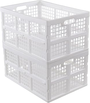 2-Pack Large Collapsible Storage Crate, 40 L Storage Basket, White | Large Capacity, Collapsible Design, Stackable Plastic Crate, Built-In Side Handles, For Home Garage Pantry Storage