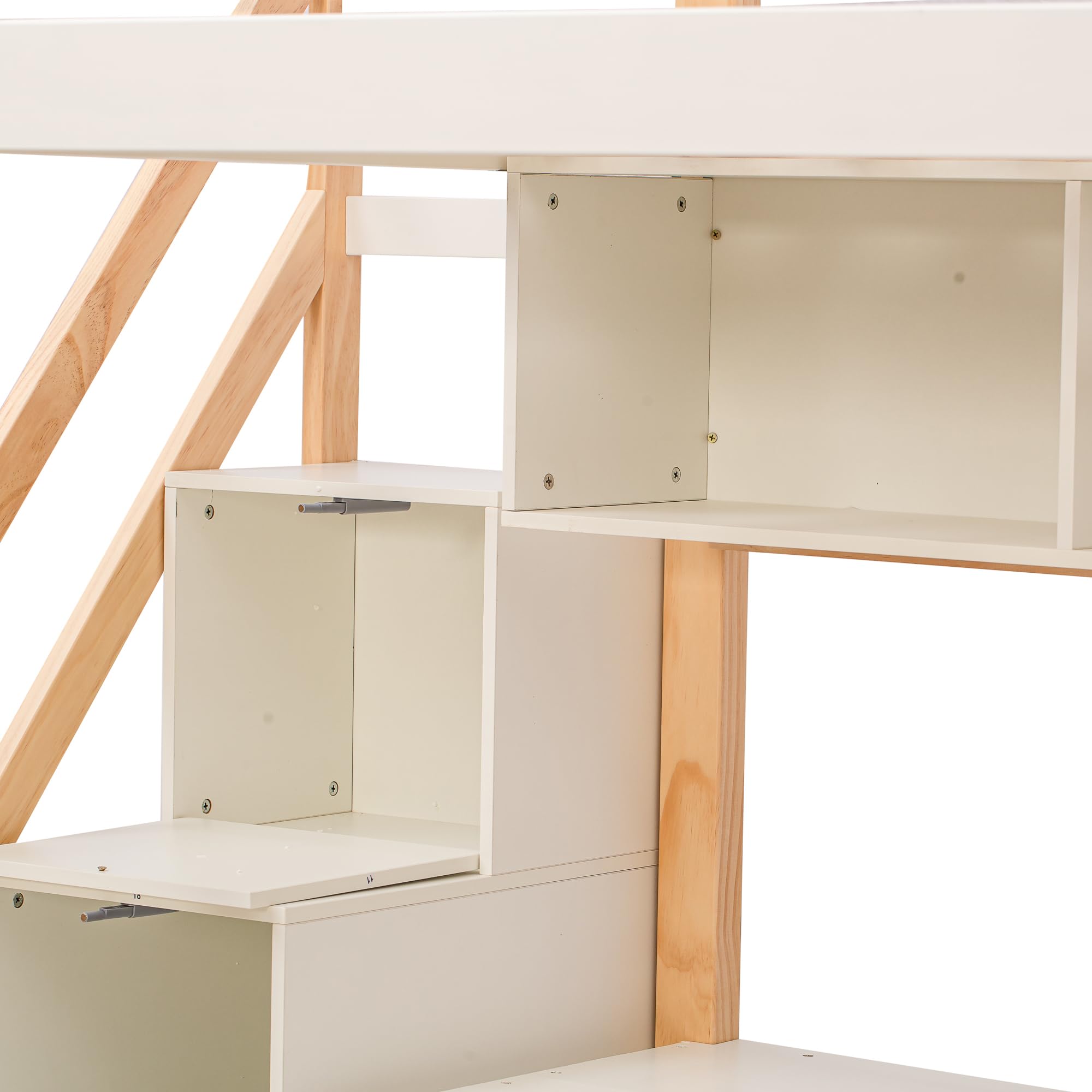 Stapelbed 90x200 Cm - In Grenenhout - Met Planken, Kledingkast En Opbergtrap Wit Naturel