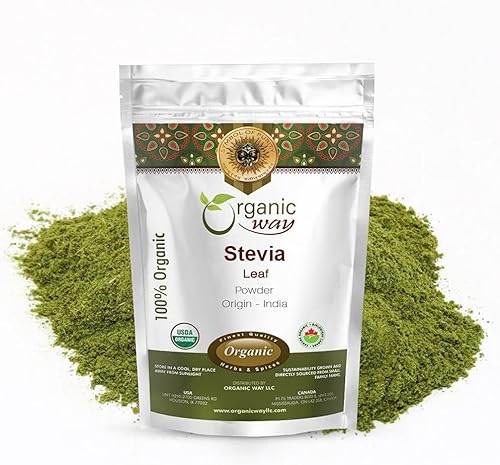 Organic Way Polvo de hoja de stevia (Stevia Rebaudiana)  Certificado Kosher y USDA  Vegano, sin OMG y sin gluten  Edulcorante natural  100% crudo de
