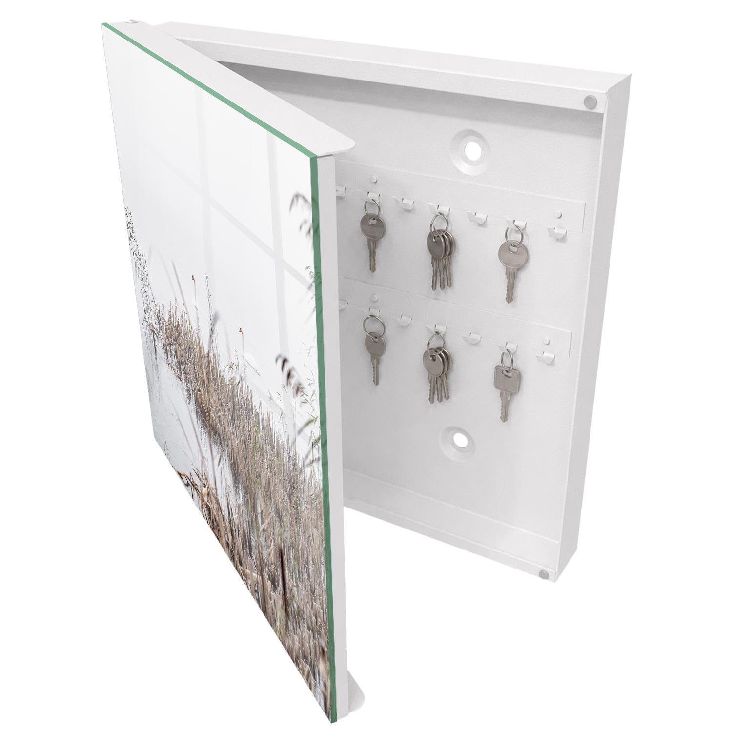 Armadietto Portachiavi 30x30 cm | Bianco | A Sinistra | Montaggio a Parete | Calma nebbiosa | Tasselli e Viti Inclusi | in Metallo | per Uffici | Frontale Decorativo in Vetro Temperato