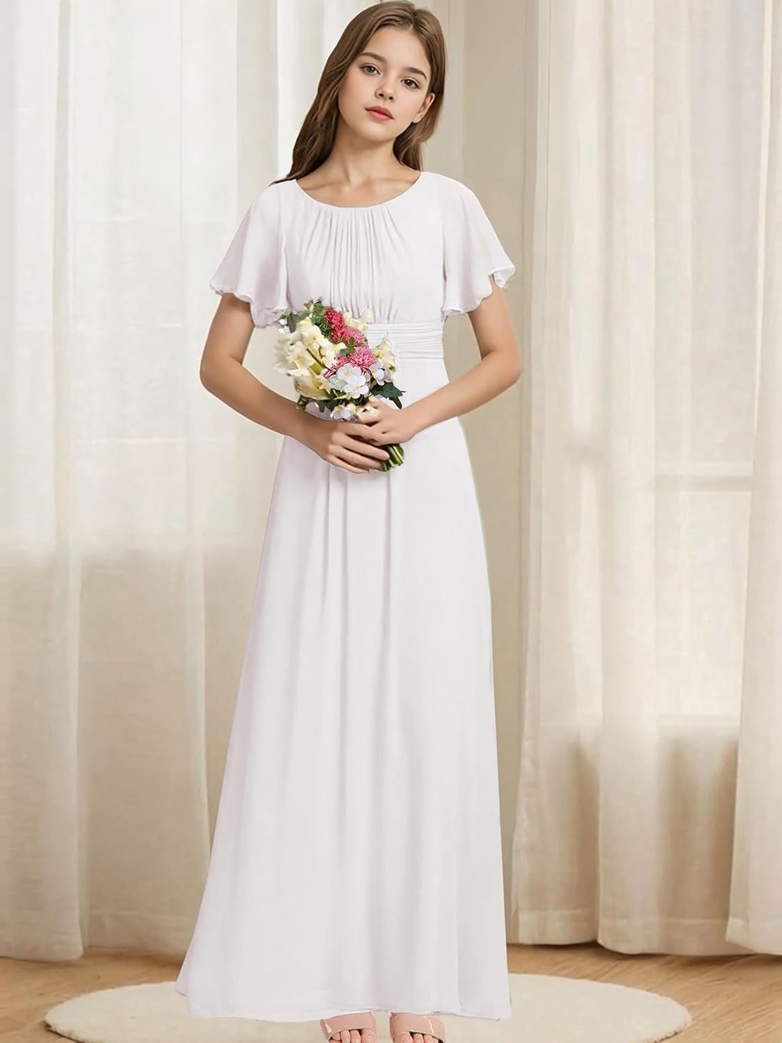 Junior Bridesmaid Dresses Short Sleeves A-Line Chiffon Flower Girl Dress Graduation Dresses for Girls Formal Gown