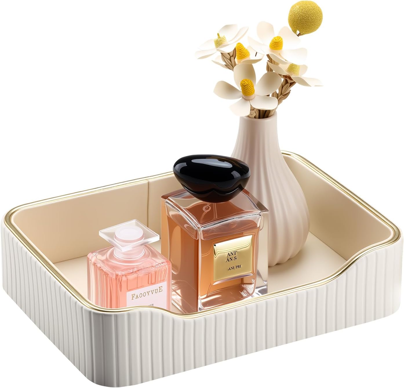 KINGFOM Prefume Tray, PU Leather Valet Tray Nightstand Organizer Trays for Men Women, Table Centerpieces Decorative Vanity Trays, Desk Organizer Tray for Key Jewelry Cosmetics (Ivory White)