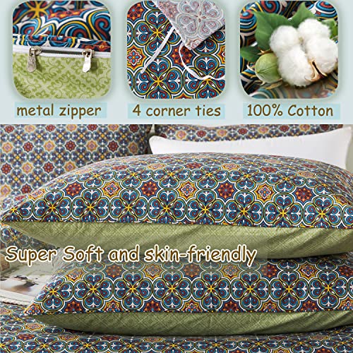 Fadfay Vintage Cotton Duvet Cover Set Queen Traditional Bedding Royal Blue Luxurious Chic Paisley Boho Comforter Cover Exotic Mandala Quilt Cover Rustic Western Soft Cozy Bed Covers Zipper 3Pcs #TOP2