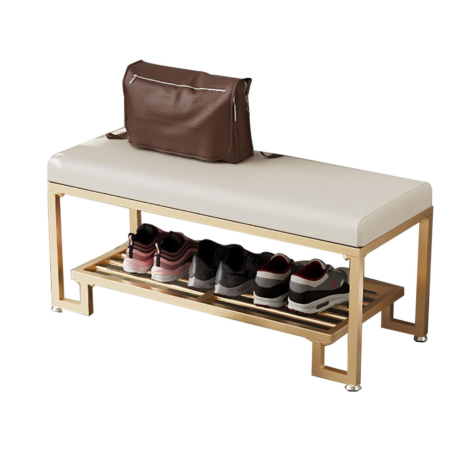 WJFTODAY Entryway Shoe Bench with Cushion Metal Shoe Storage Rack Upholstered Stool for Living Room Balcony Hallway Stylish White with Golden Legs (80cm)