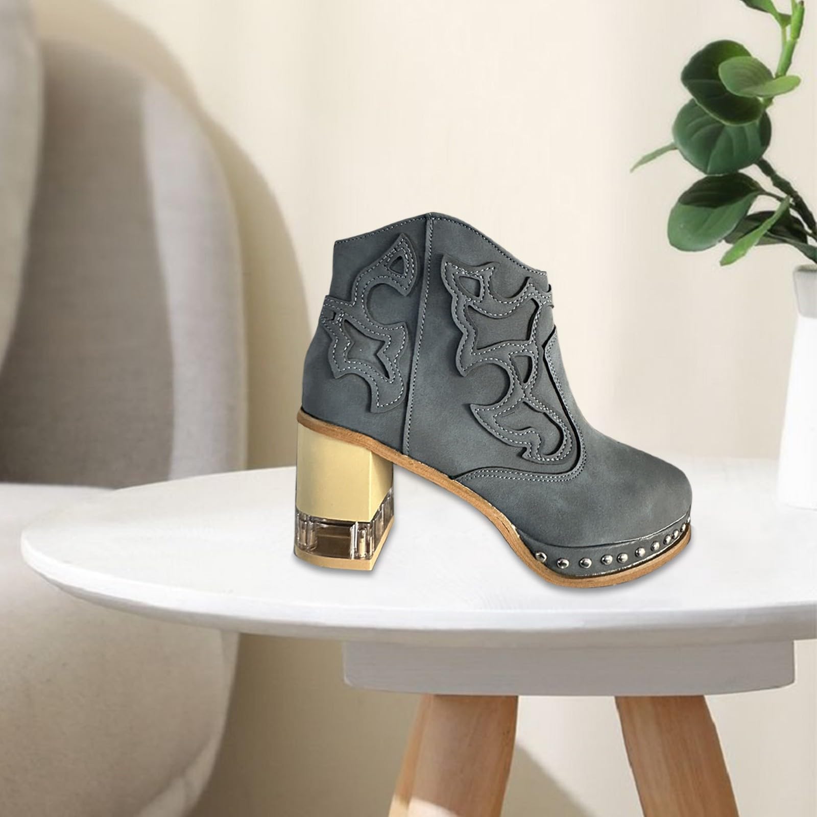 Botas bordadas de mujer con marco cosido acrílico cristal alto botines de tacón de piel zapatos de mujer