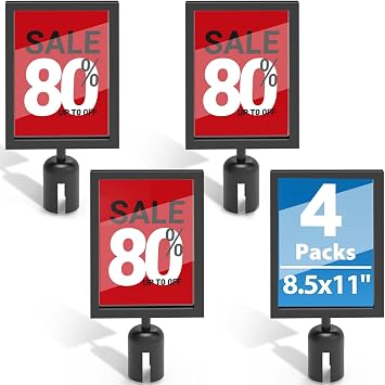 4 Pcs Stanchion Sign Holders 8.3" x 11.7", Portrait Post Top Stand Display | Black Stanchion Topper, Double Sided Sign Frame with Cover for Crowd Control Queue Barrier Sentry Stanchions, Iron