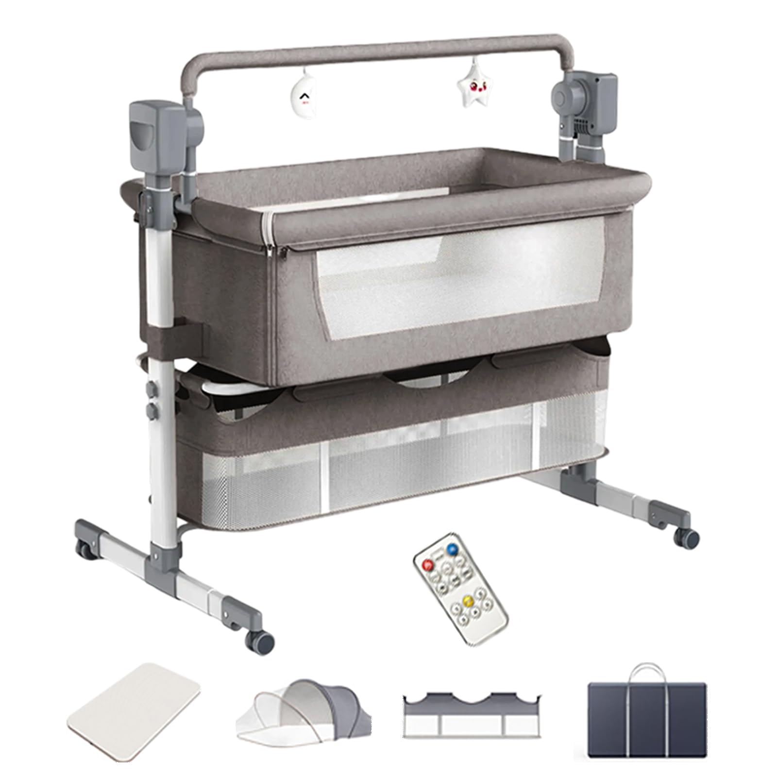 Berceau à bascule automatique 3 en 1 avec lit de côté pour nouveau-né de 0 à 1 an, berceau intelligent avec musique blanche, matelas, moustiquaire et sac de rangement (GRIS CLAIR)