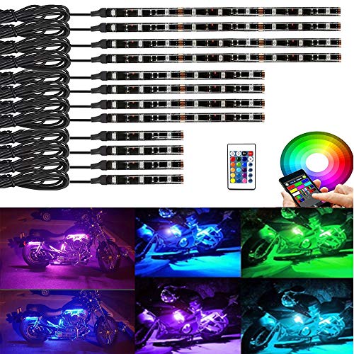 NBWDY 12Pcs Motorcycle LED Light Kit Strips Multi-Color Accent Glow Neon Ground Effect Atmosphere Lights Lamp with LED Music Bluetooth & IR RGB Controller for motorcycle,ATV,golf Car (Pack of 12) - Thumbnail 6