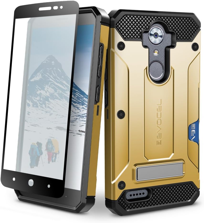 ZTE MAX XL Case, Evocel [Explorer Series Pro] Dual Layer Credit Card Case with Glass Screen Protector & Magnetic Kickstand for ZTE Blade Max 3/ ZTE Blue Max/ZTE N9560/ ZTE Z986/ ZTE N986, Gold
