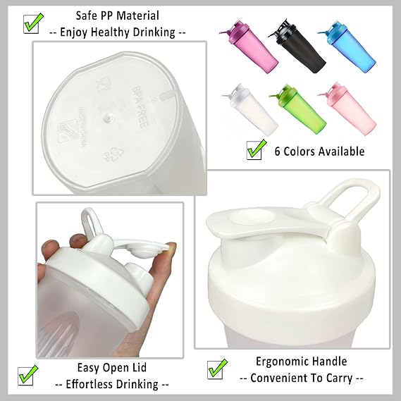 Protein Shaker Bottle 600ml, Secure Leakproof Protein Shake Mixer Bottle, Steel Mixing Ball For Lump Free Smooth Shake, BPA Free, Dishwasher Safe for Gym & Sports Shaker Bottle (White)