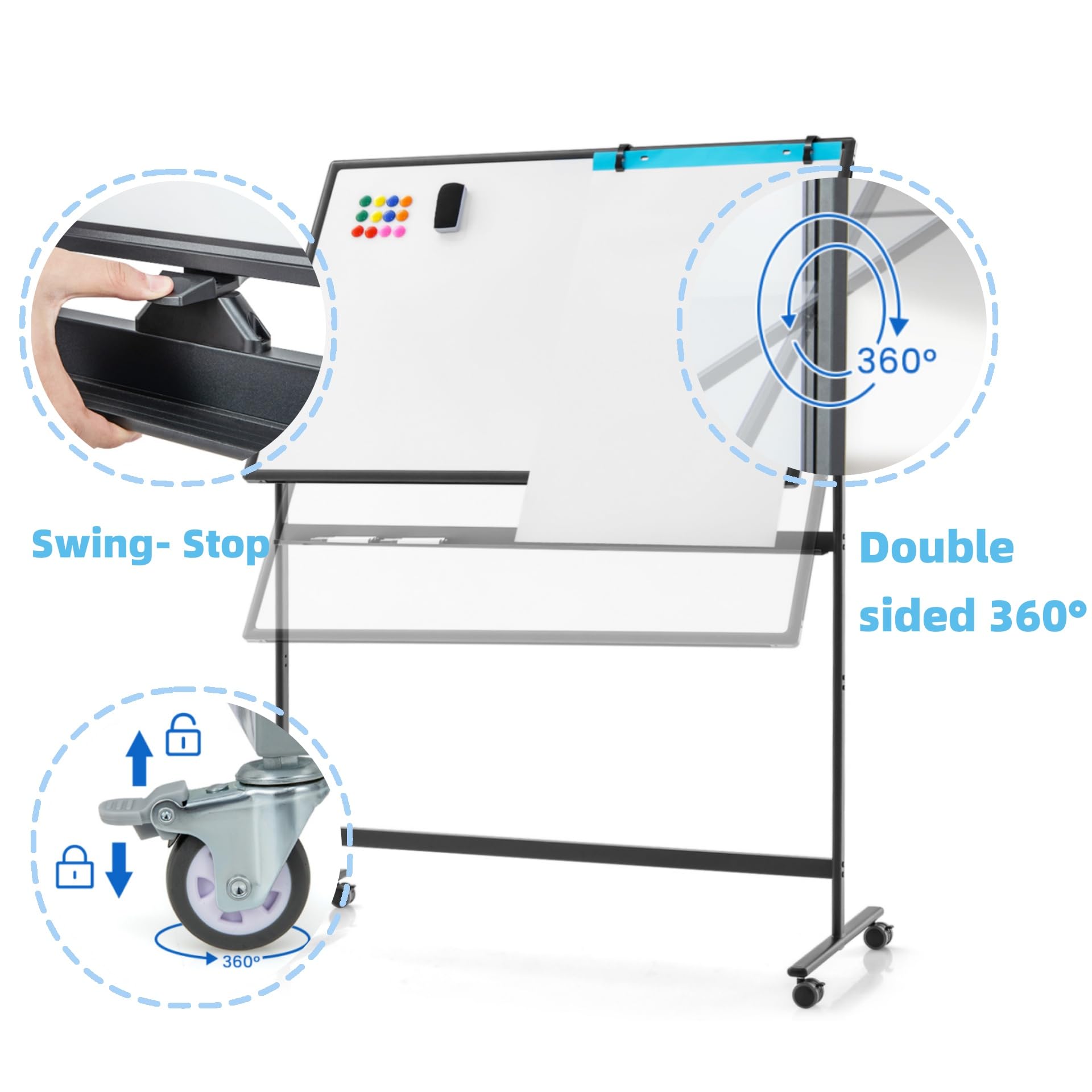 LIFEZEAL Lavagna Bianca Cancellabile con Ruote, Lavagna Magnetica per Ufficio, Doppia Faccia e Girevole a 360°, Lavagnetta Interattiva Regolabile in Altezza per Scuola (80x120cm, nero)