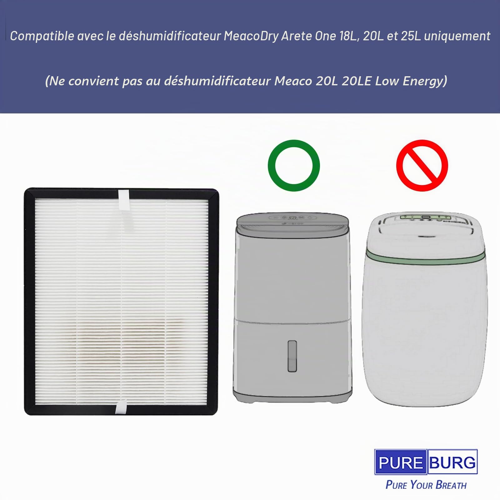 PUREBURG Lot de 6 filtres de rechange compatibles avec purificateur d'air MeacoDry Arete One & Two 18L, 20L & 25L 2 en 1, 26 x 22 cm