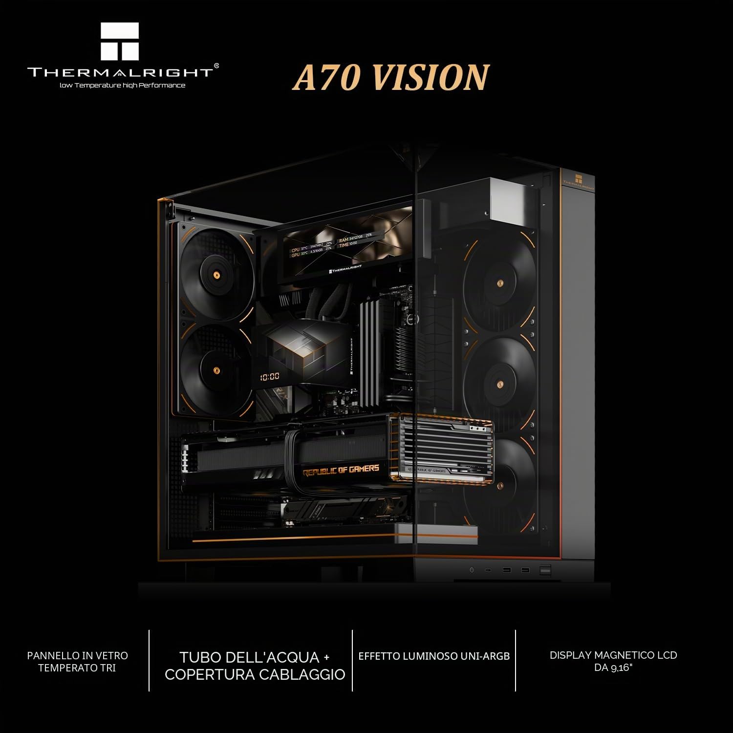 Thermalright Custodia per PC A70 Vision con display da 9,16 pollici | vetro di sicurezza panoramica,torre ATX,supporta scheda madre ATX/scheda grafica da 42cm