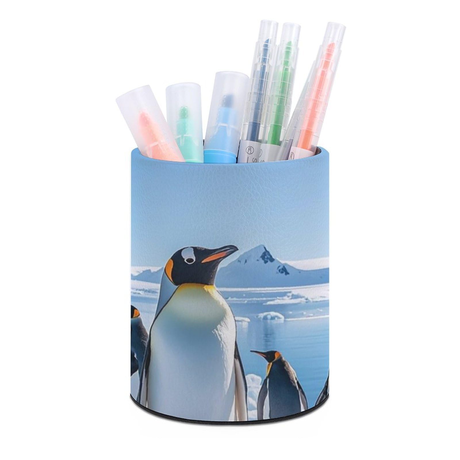 FekiLoot PU Leather Round Pen Holder Penguin Antarctica Ice Pencil Holder Desk Organizer Pen Organizer Pen Cup Pencil Cup Caddy Desktop Stationery Organizers for Office Home Supplies
