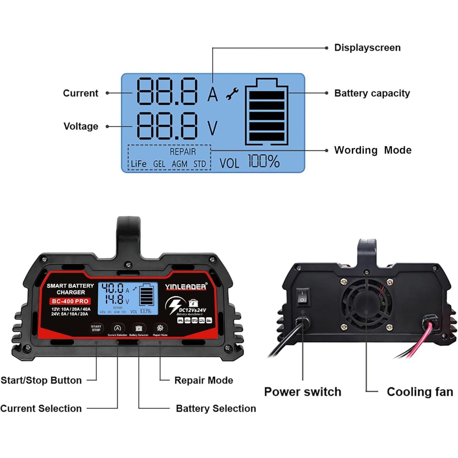 Yinleader Cargador de batería inteligente 40A 12V/24V 20A Cargador de coche LCD Soporte de batería para AGM Moto