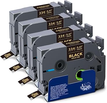 4-Pack Tz-334 Gold on Black Tze 12mm Label Tape Replace for Brother Tze-334