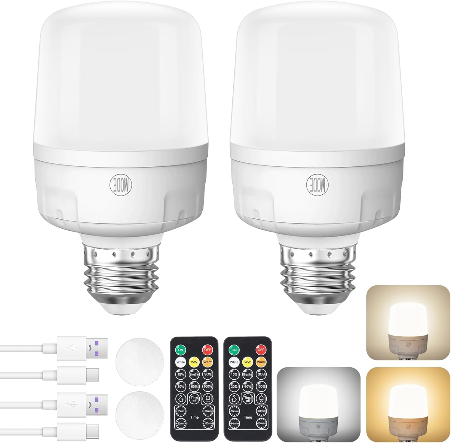 Qoollife E26 Rechargeable Light Bulbs with Remote Control, Battery Operated Light Bulb 9W 2000mAh, 4 Timer Settings for Lamp Lamps Tent Closet Camping USB Battery Powered Light Bulbs (2-Pack)