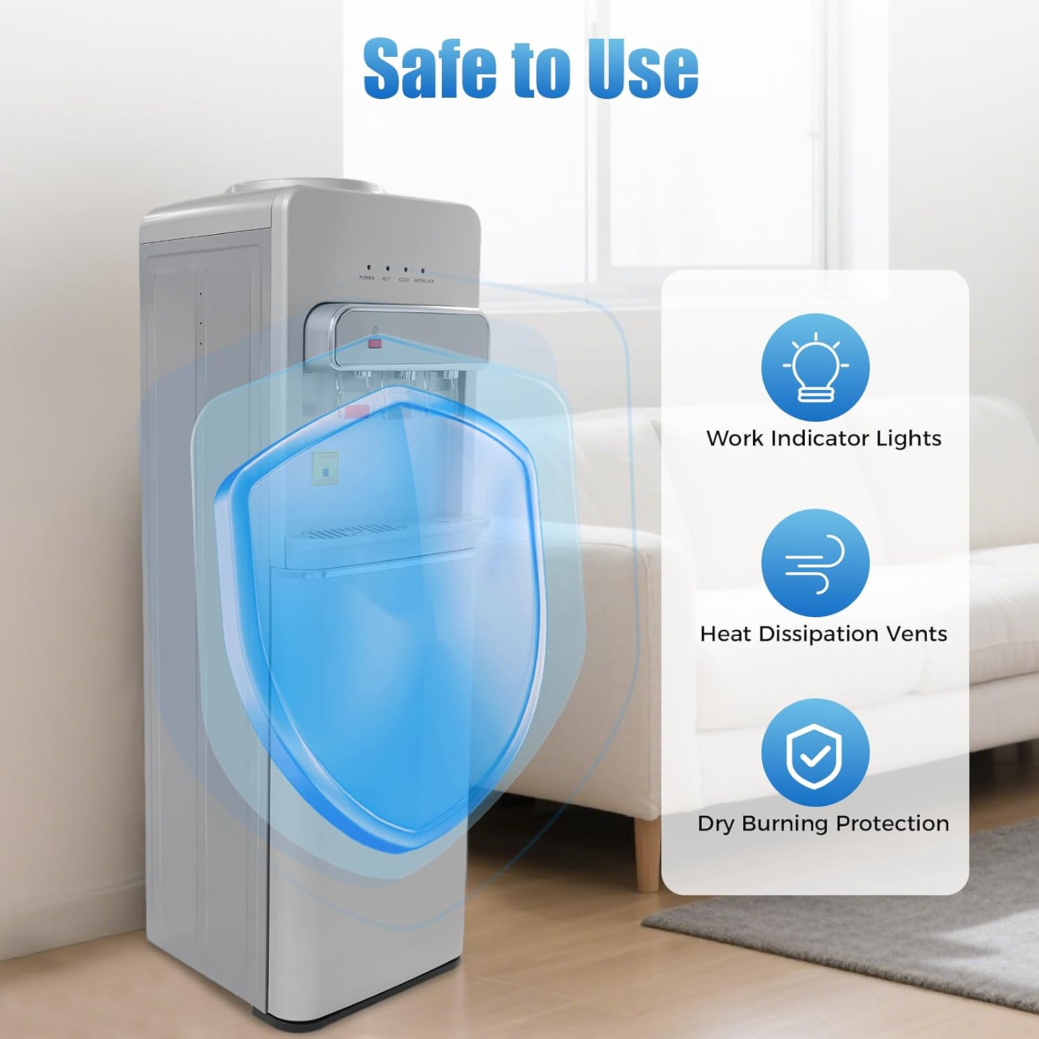 Bottom Loading Water Cooler Dispenser 3 Temperature Settings Hot, Cold & Room Water, Water Dispenser for 3 or 5 Gallon Bottles Heating Capacity 1.32Gal/H, Cooling 0.53Gal/H (Silver 550W)