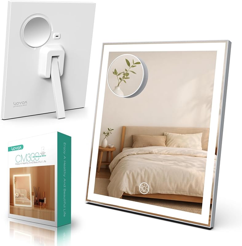 Espelho de maquiagem VOYOR CM300 com iluminação LED, recarregável e lente de aumento 10x, branco