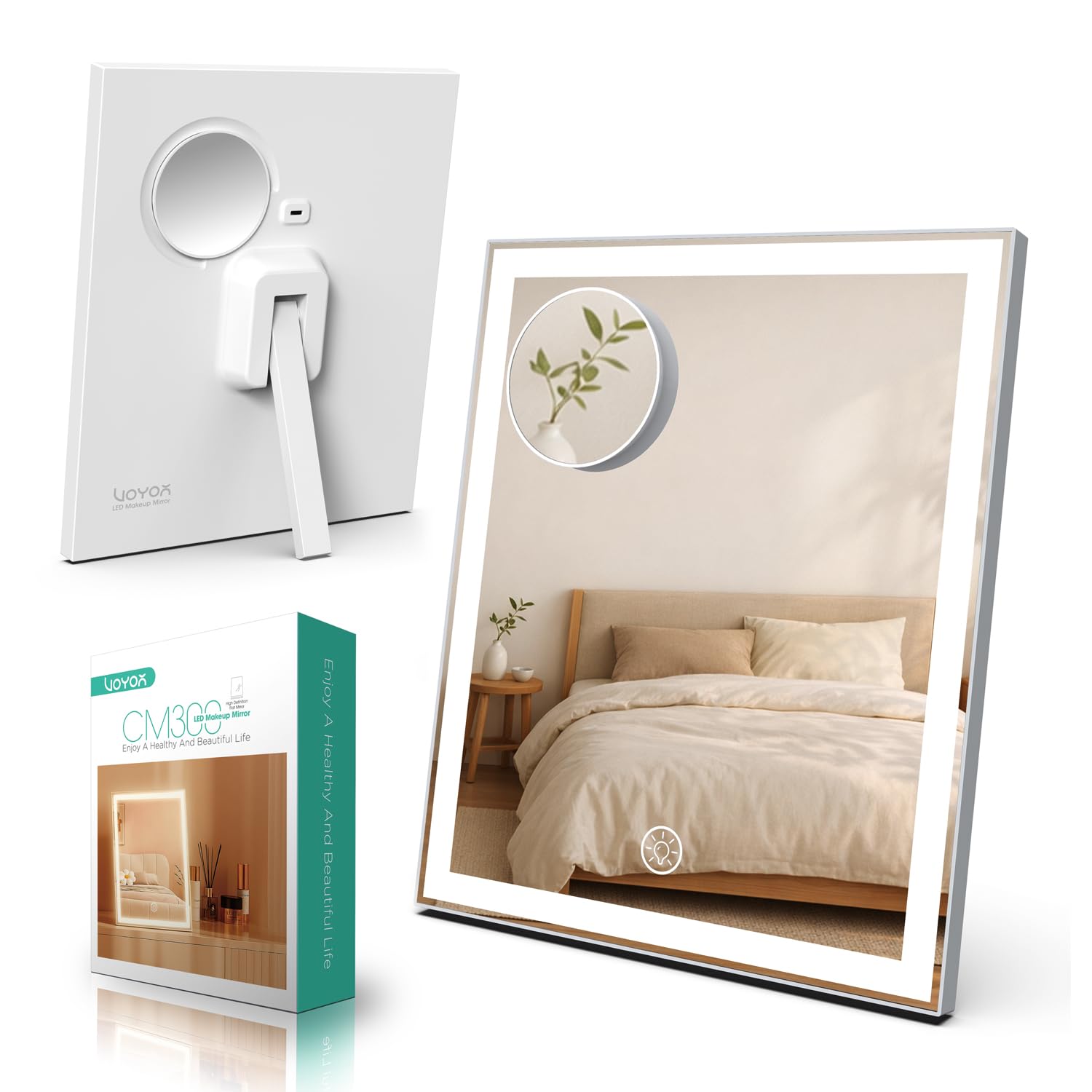 VOYOR Specchio Trucco con Luci, 30 x 25 cm Specchio Ricaricabile con 3 Modalità Luce, Touch Intelligente, Ingrandimento 10X, Specchio LED per Toeletta, Scrivania e Camera da Letto, Bianco