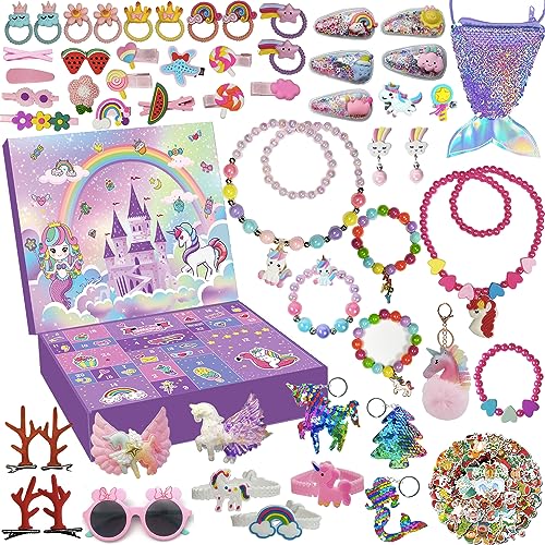 Advent Calendar 2023 Girls, Christmas Countdown Calendar, Reusable 24 Days Xmas Count Down Gifts for kids Toddlers, Including Hair Accessories, Jewelry, Glasses, Bracelets, Stickers, Coin Purse(53Pcs)