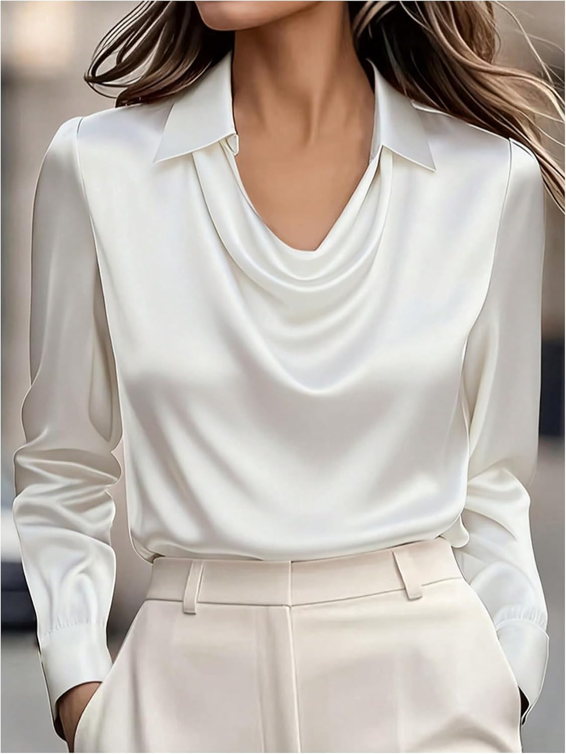 GORGLITTER Women's Satin Silk Blouses Shirts Tops Causal Dressy Elegant Cowl Neck Long Sleeve Office Work Business