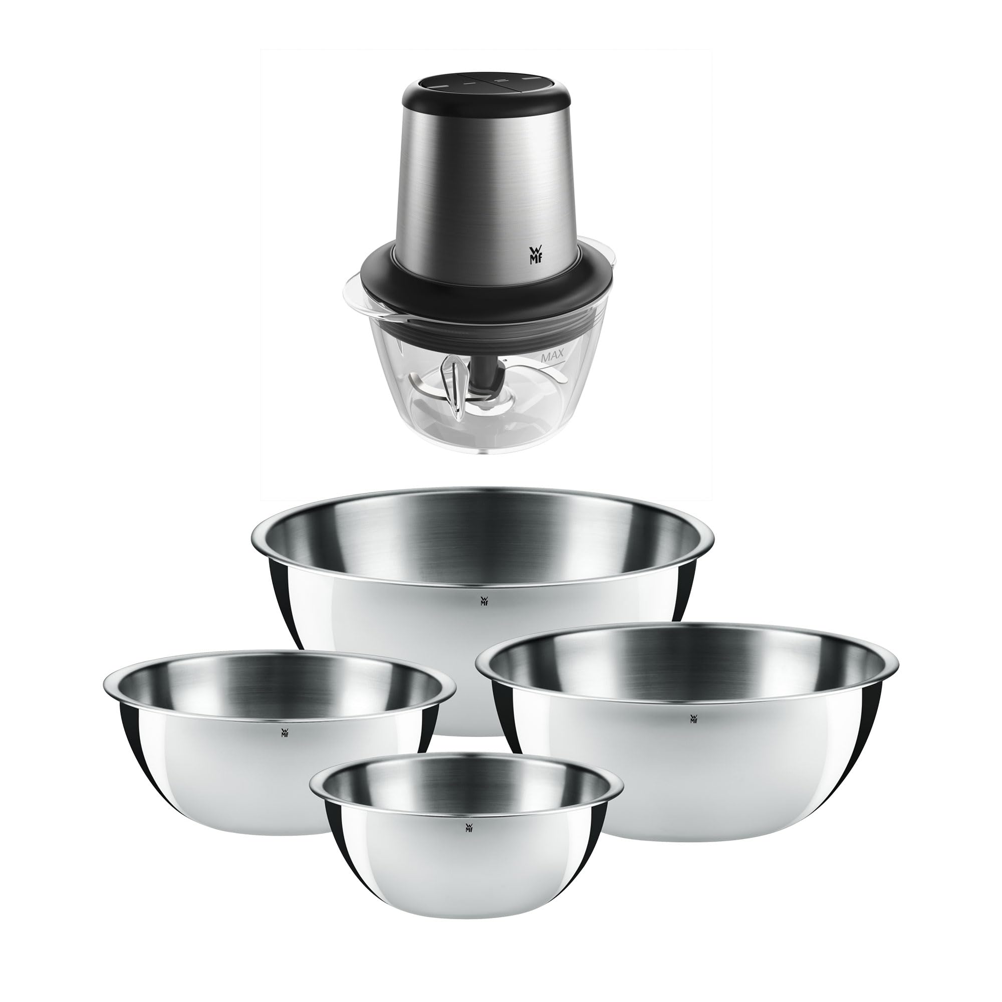 WMF Set 2-teilig Gourmet Schüsselset 4-teilig, Edelstahl Schüsseln für die Küche 0,75l - 2,75l, stapelbar und Kult X Edition Zerkleinerer elektrisch mit Glasbehälter, Blitzhacker 320 W