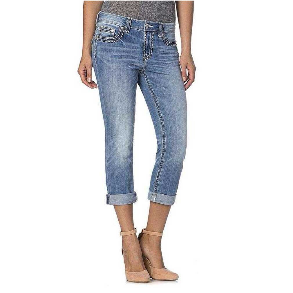 Miss Me Thick Stitched Flap Pocket Light Wash Boyfriend Capri Denim Jean
